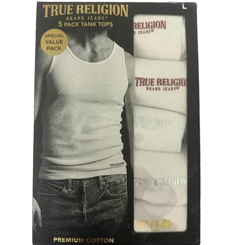 True Religion Men's Tank Tops 5 pack White Size L 42-44 Ribbed with Logo New